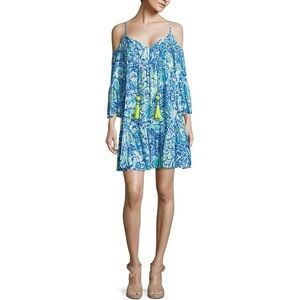 Lilly Pulitzer Blue Beach Cover Up Long Sleeve Cold Shoulder Dress XXS